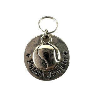 Ganz Silver Tone Collar Charm Pendant Round "Fetch Junkie" Dog Ball